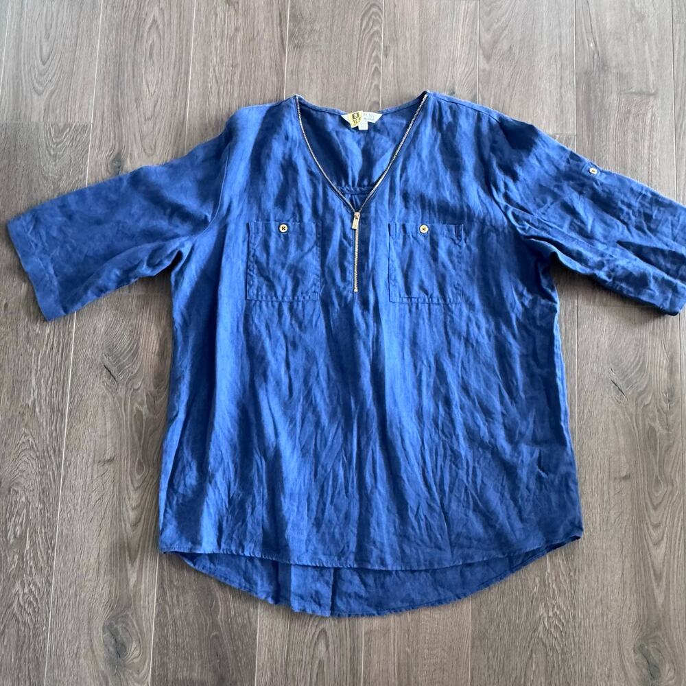 Company Ellen Tracy 100% Linen Tunic Popover Shirt Blue Roll Tab Sleeves XXL